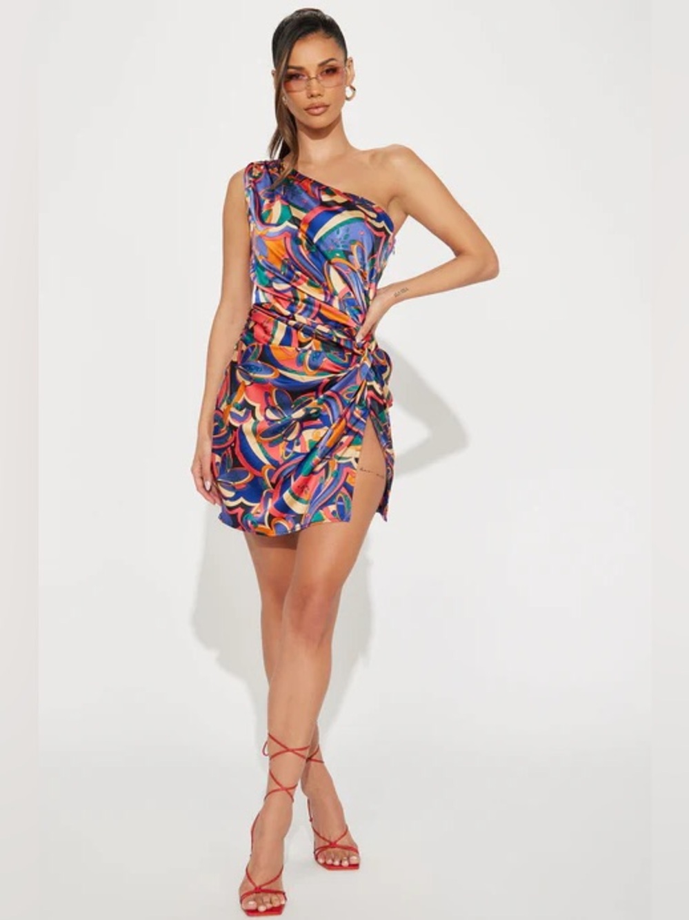 One-Shoulder Multicolor Print Mini Dress